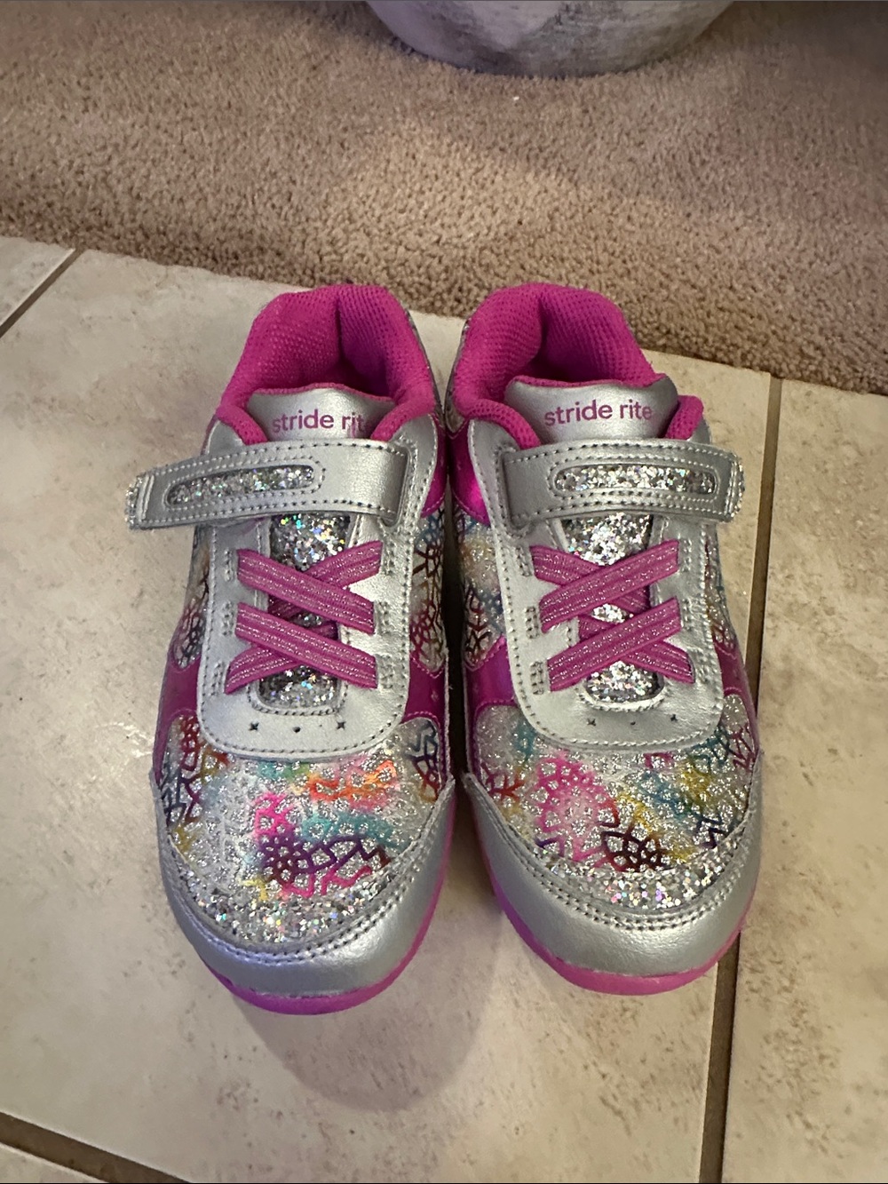 Stride Rite Silver Glitter Lite Up Sneakers with Pink Accents